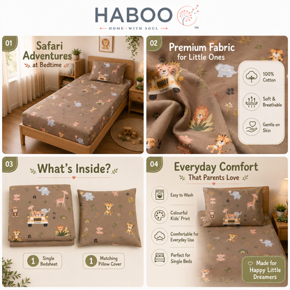 Forest Animal Print Single Bedsheet with 1 Pillow Cover | Soft Cotton Kids Bedding Set (Beige Multicolor)
