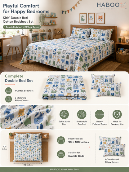 Multicolor Alphabetical Print Double Bedsheet with 2 Pillow Covers | Soft Cotton Kids Bedding Set