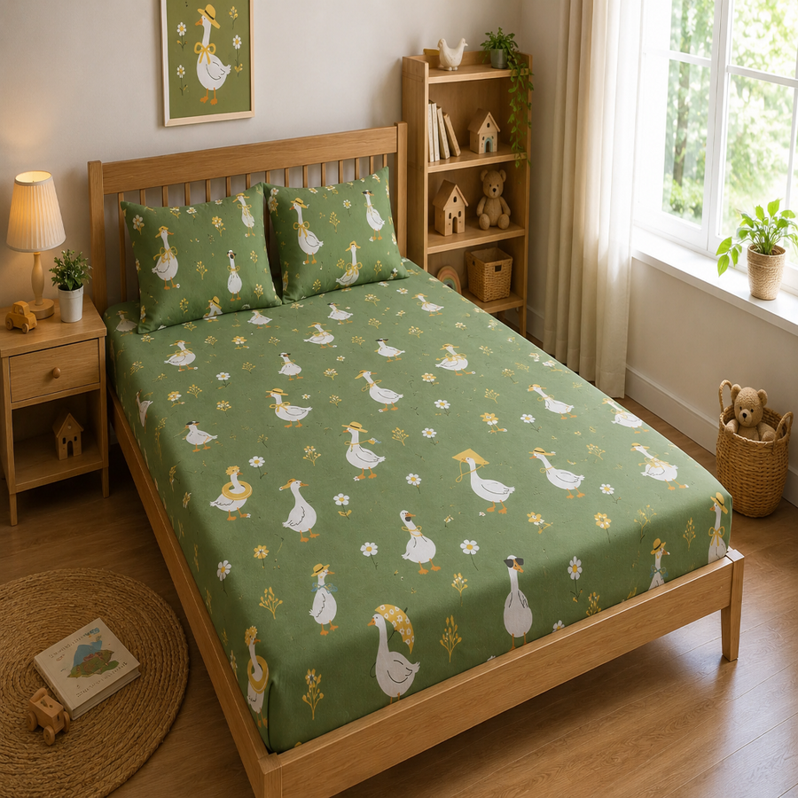 Kids Cotton Double Bed Bedsheet with 2 Pillow Covers | Cute Goose Print Green Bed Sheet for Boys & Girls | Soft Breathable Bedding Set