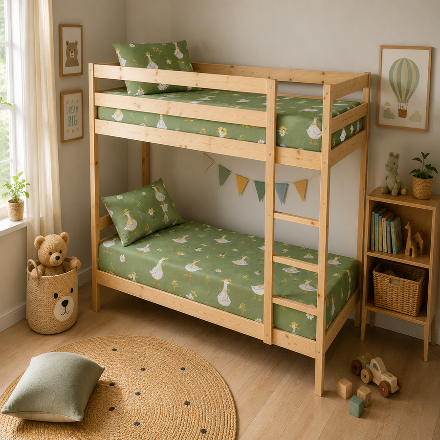 Kids Cotton Double Bed Bedsheet with 2 Pillow Covers | Cute Goose Print Green Bed Sheet for Boys & Girls | Soft Breathable Bedding Set