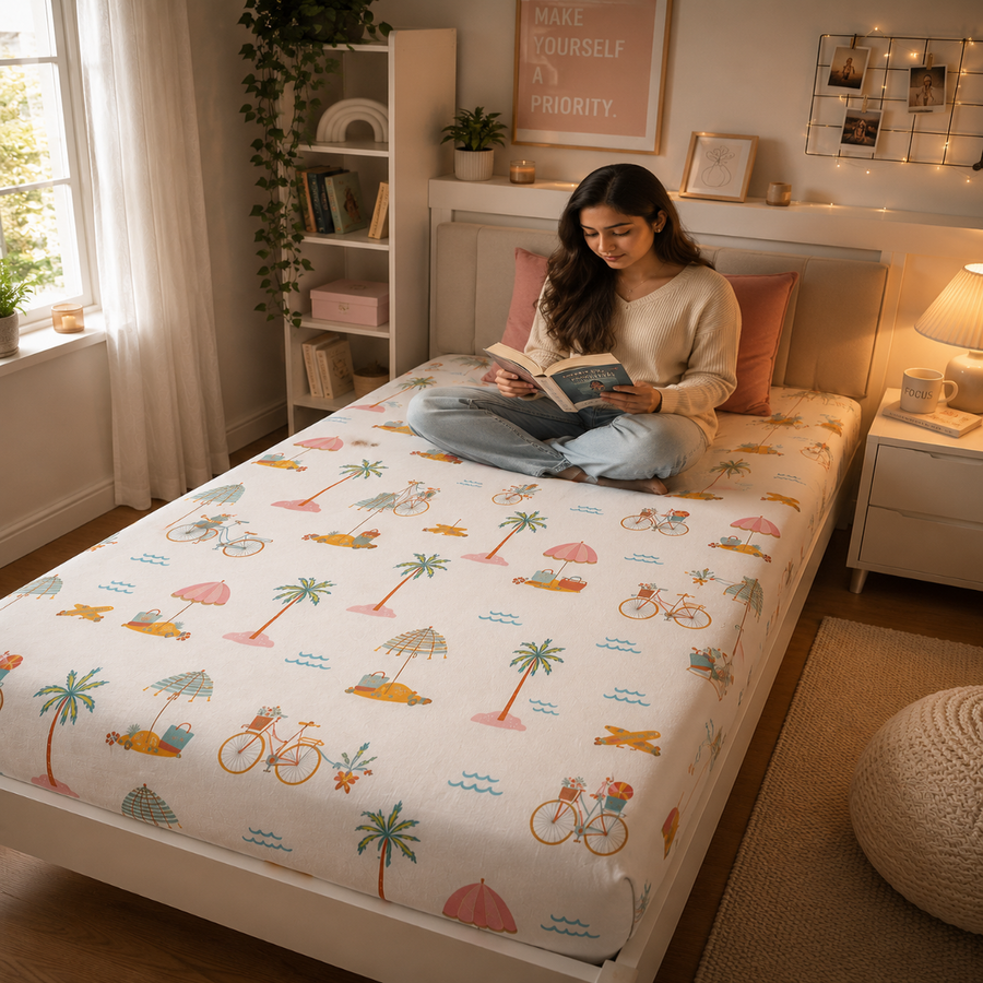 HABOO Kids Single Bed Bedsheet with 1 Pillow Cover | Soft Cotton Blend Beach Print Bedding Set for Boys & Girls | 60 x 90 Inch Kids Bedroom Bedsheet