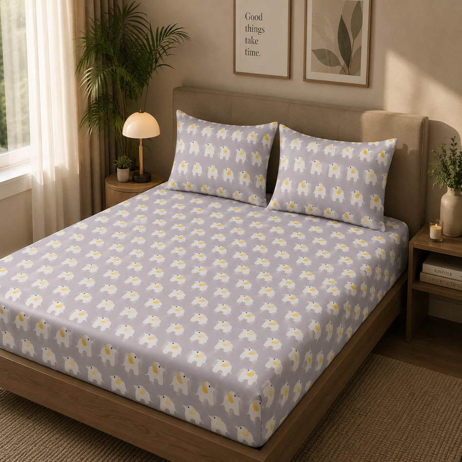 HABOO Kids Single Bed Bedsheet with 1 Pillow Cover | Cute Elephant Print Soft Cotton Blend Bedding Set for Boys & Girls | 60 × 90 Inch