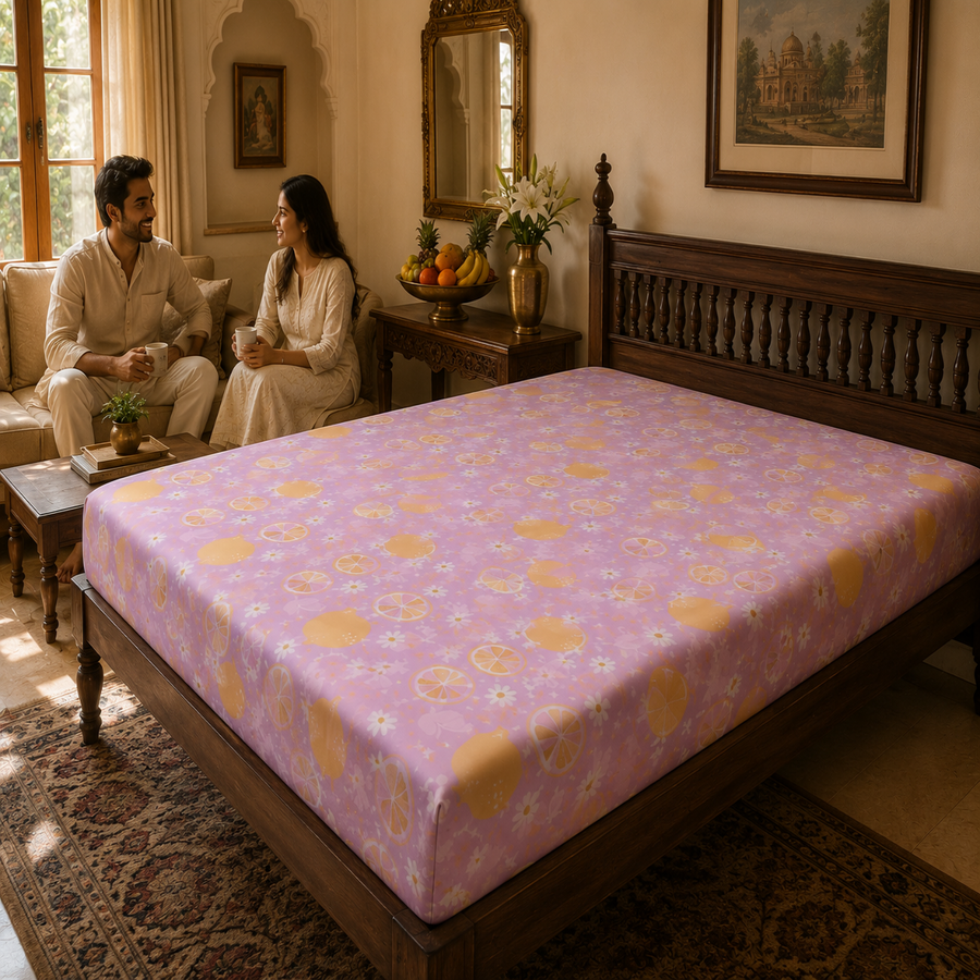 HABOO Citrus Bloom Kids Double Bed Bedsheet with 2 Pillow Covers | Lemon & Daisy Print | Soft Cotton Blend | 90 × 100 Inch