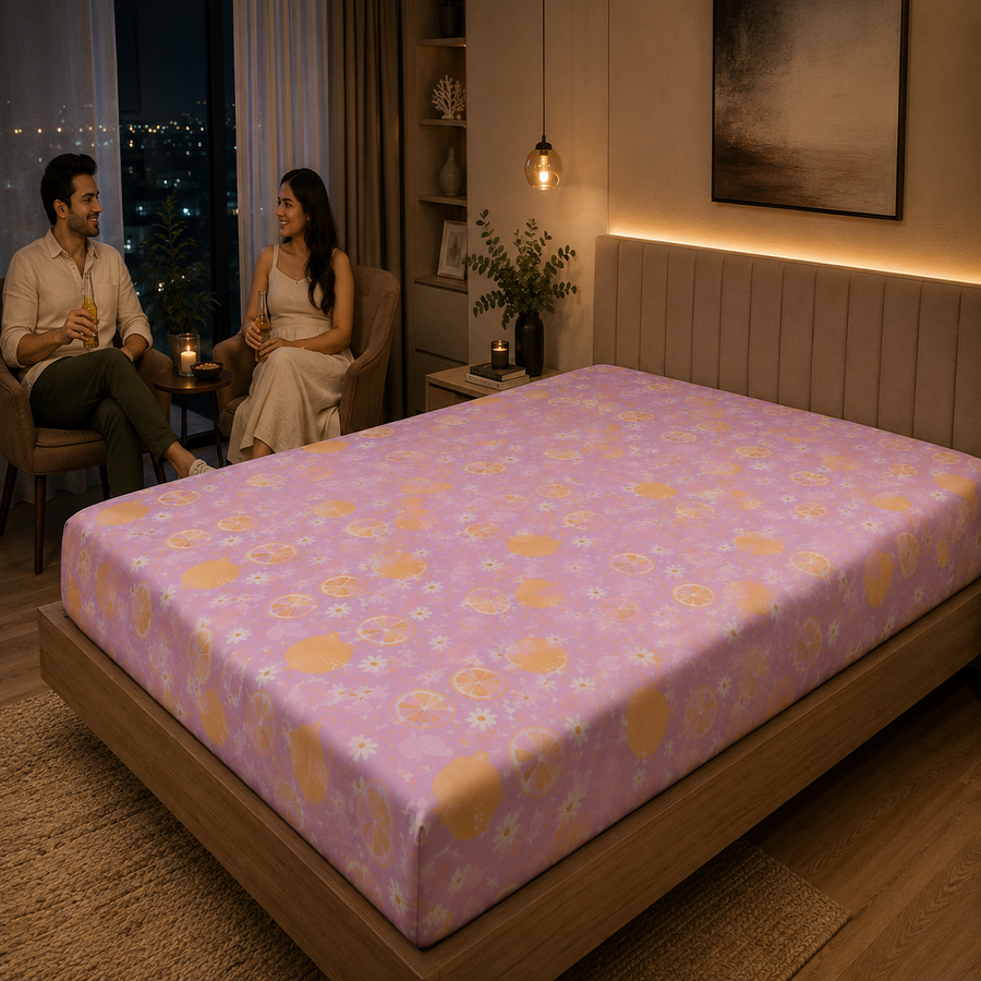 HABOO Citrus Bloom Kids Double Bed Bedsheet with 2 Pillow Covers | Lemon & Daisy Print | Soft Cotton Blend | 90 × 100 Inch