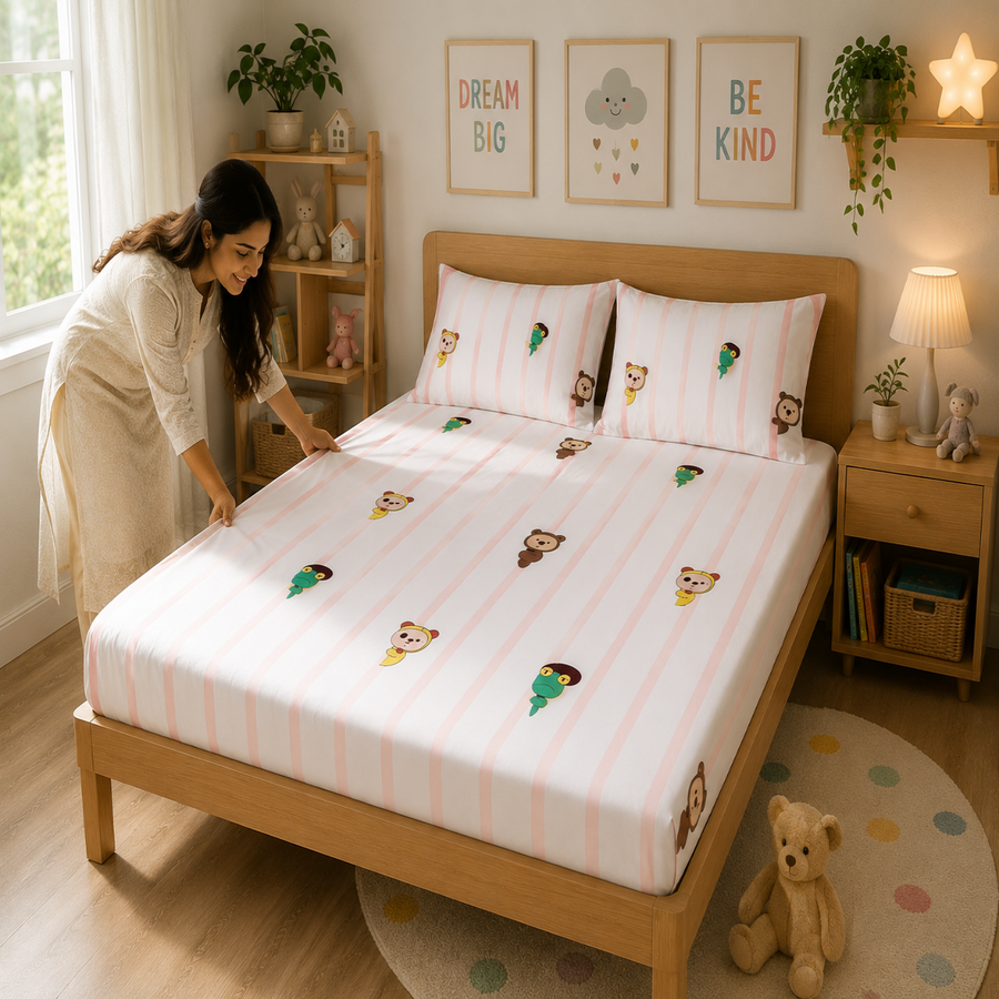 Peekaboo Pals Double Bed Cotton Bedsheet with 2 Pillow Covers | Soft Kids Printed Bedding Set | Premium Breathable Bed Linen