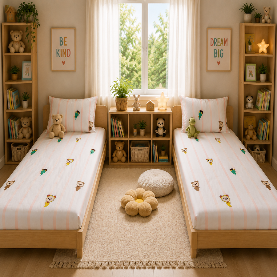 Peekaboo Pals Single Bed Cotton Bedsheet with 1 Pillow Cover | Soft Kids Printed Bedding Set | Premium Breathable Bed Linen