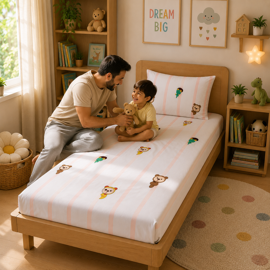 Peekaboo Pals Single Bed Cotton Bedsheet with 1 Pillow Cover | Soft Kids Printed Bedding Set | Premium Breathable Bed Linen