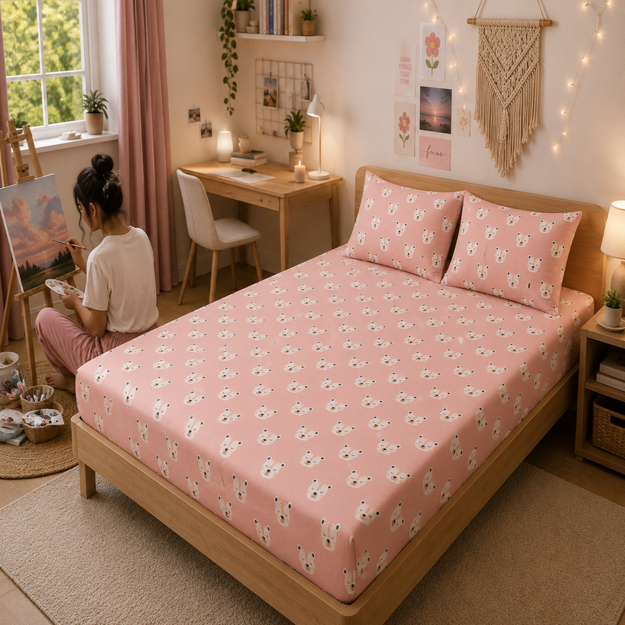 Cute White Tiger Print Double Bed Cotton Bedsheet with 2 Pillow Covers | Soft Pink Kids Bedding Set | Premium Breathable Bed Linen