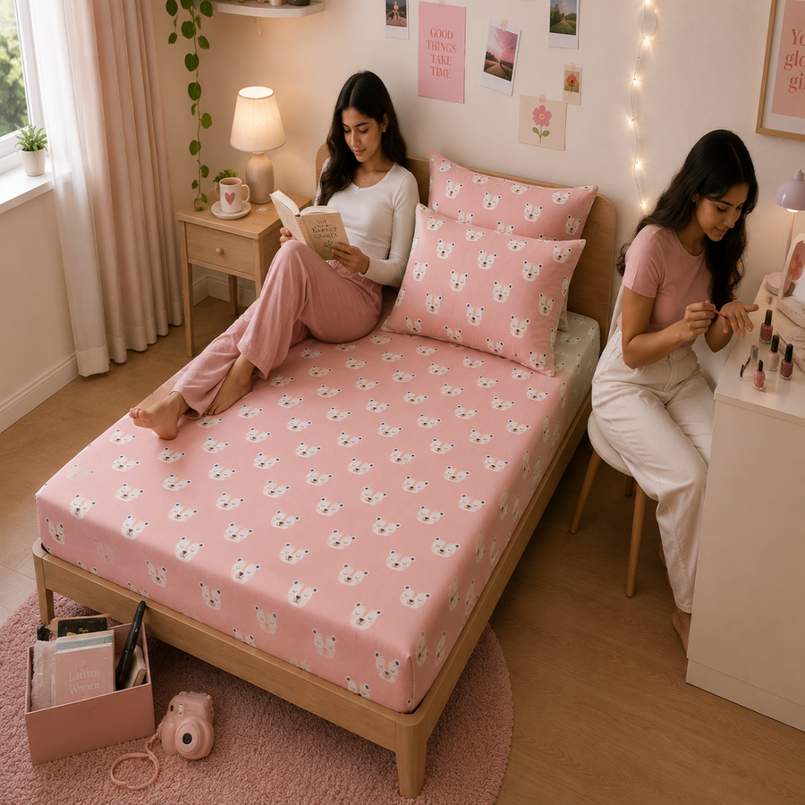 Cute White Tiger Print Double Bed Cotton Bedsheet with 2 Pillow Covers | Soft Pink Kids Bedding Set | Premium Breathable Bed Linen