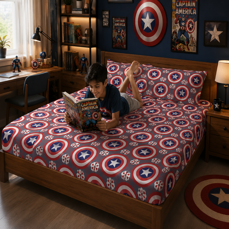 Captain Shield Adventure – Kids Single Bedsheet with 1 Pillow Cover