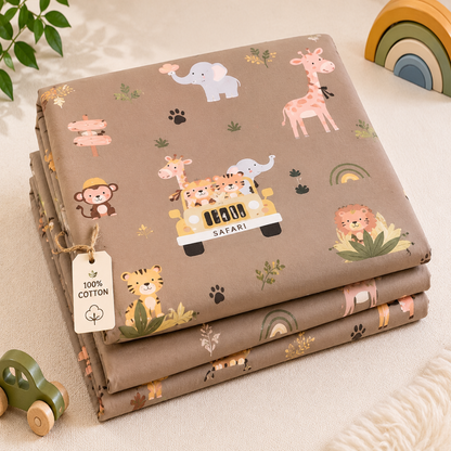 Forest Animal Print Single Bedsheet with 1 Pillow Cover | Soft Cotton Kids Bedding Set (Beige Multicolor)