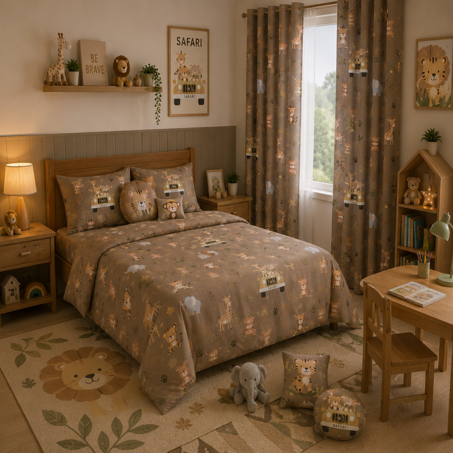 Forest Animal Print Single Bedsheet with 1 Pillow Cover | Soft Cotton Kids Bedding Set (Beige Multicolor)