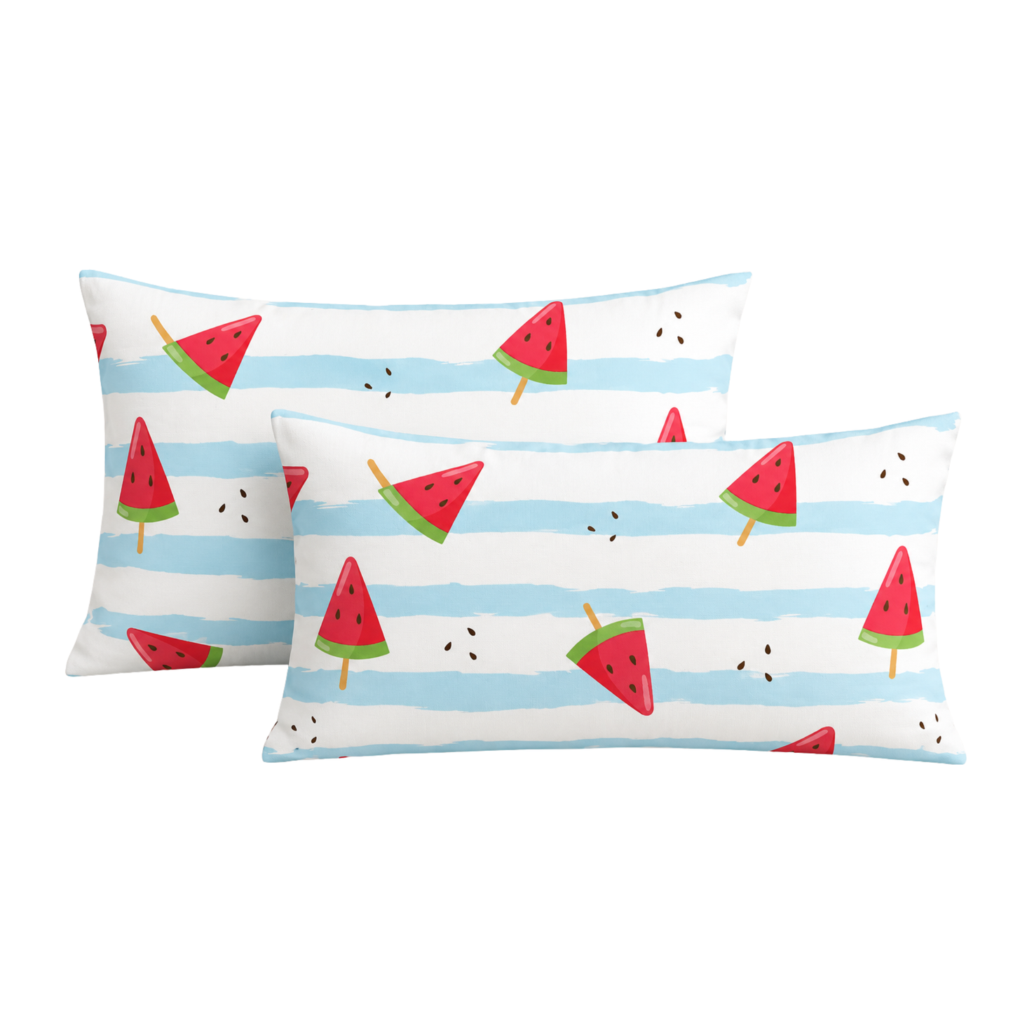 Blue Stripe Watermelon Print Double Bedsheet with 2 Pillow Covers | Soft Cotton Kids Bedding Set