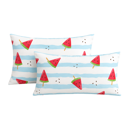 Blue Stripe Watermelon Print Double Bedsheet with 2 Pillow Covers | Soft Cotton Kids Bedding Set