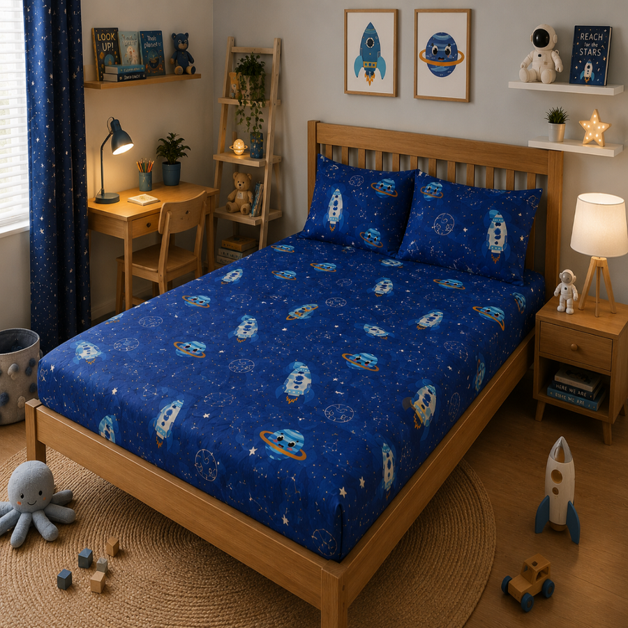 Blue Solar System Print Single Bedsheet with 1 Pillow Cover | Soft Cotton Kids Bedding Set