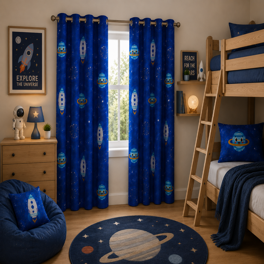Blue Solar System Print Single Bedsheet with 1 Pillow Cover | Soft Cotton Kids Bedding Set