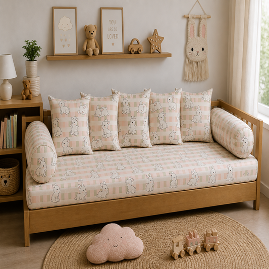 Cute Bunny Kids Cushion Cover Set of 5 – 16x16 Inch Soft Pastel Rabbit Print Decorative Cushions for Nursery & Kids Room