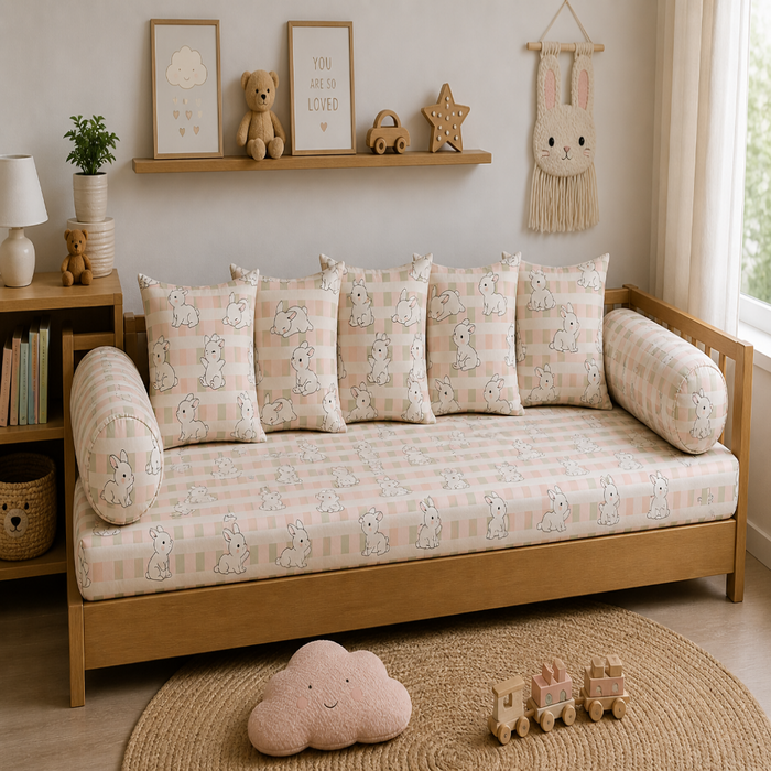 Cute Bunny Kids Cushion Cover Set of 5 – 16x16 Inch Soft Pastel Rabbit Print Decorative Cushions for Nursery & Kids Room
