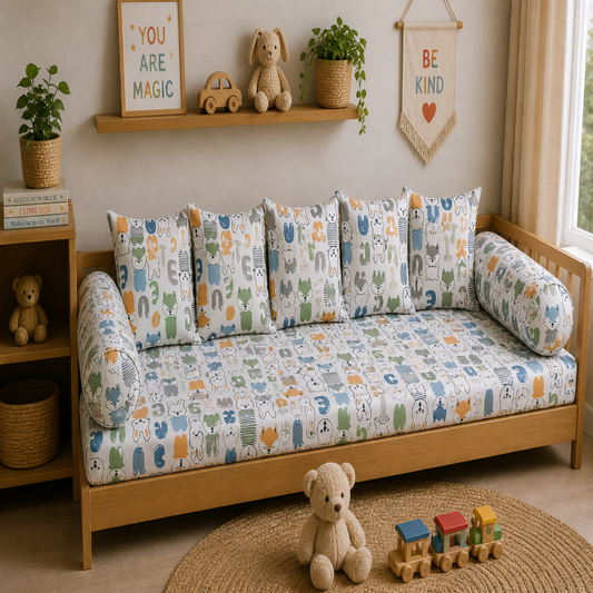 Cute Animal Alphabet Kids Cushion Cover Set of 5 – 16x16 Inch Soft Cotton Decorative Cushions for Kids Room & Nursery