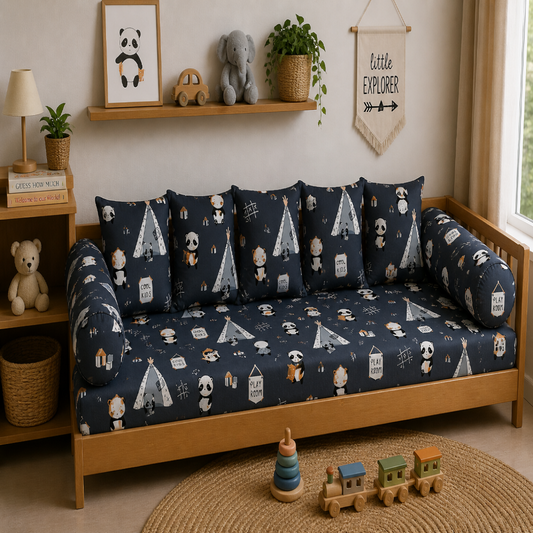 Panda Camping Kids Cushion Cover Set of 5 – 16x16 Inch Soft Cotton Decorative Cushions for Kids Room & Playroom