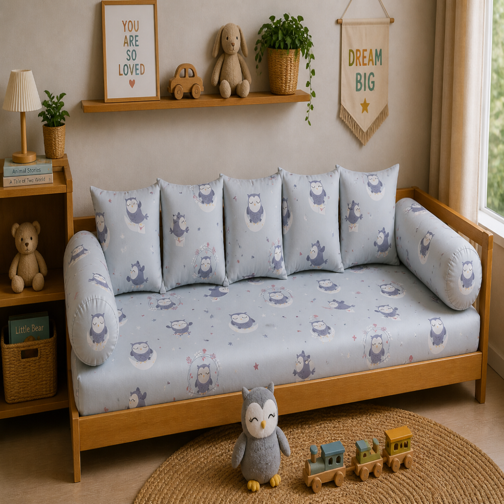 Sleepy Owl Kids Cushion Cover Set of 5 – 16x16 Inch Soft Cotton Decorative Cushions for Nursery & Kids Bedroom