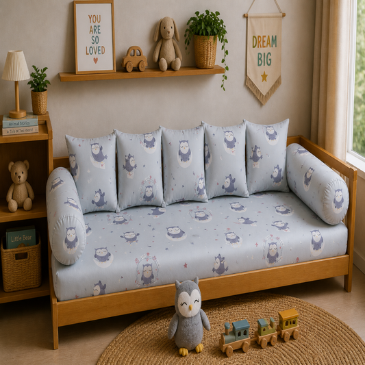 Sleepy Owl Kids Cushion Cover Set of 5 – 16x16 Inch Soft Cotton Decorative Cushions for Nursery & Kids Bedroom