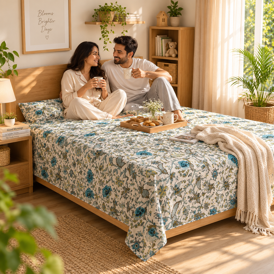 Anokhi 200 TC Pure Cotton Double Bedsheet – 100×100 Inch with 2 Pillow Covers