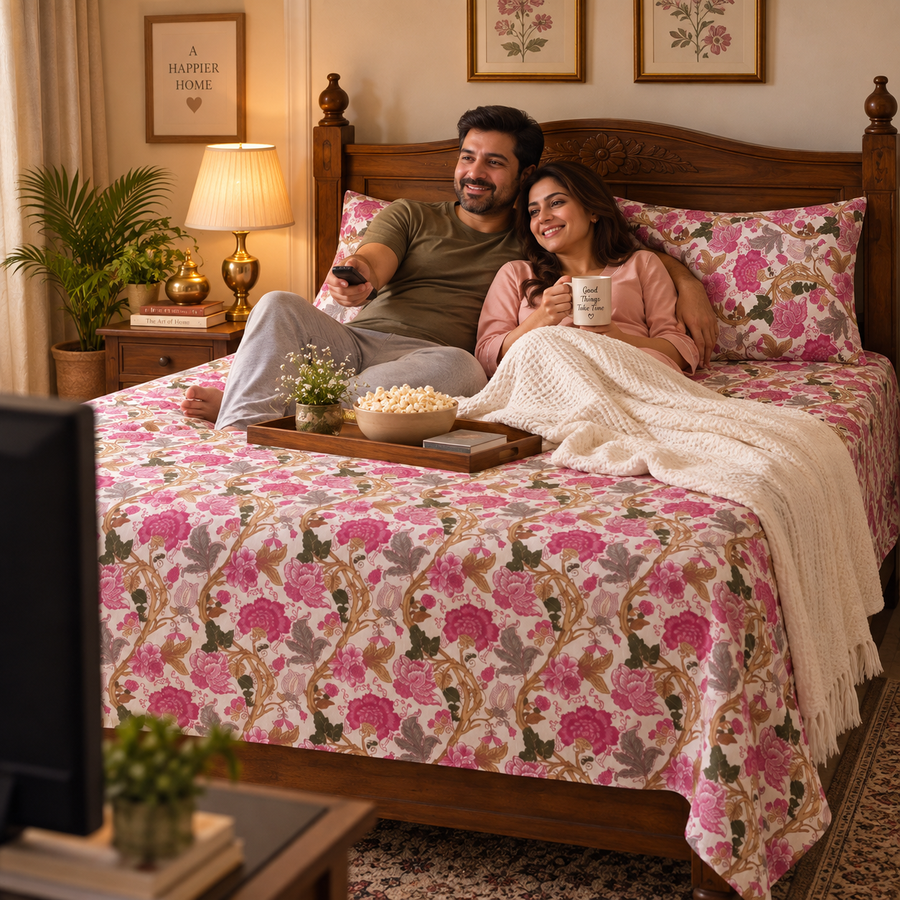 Rosewood Bloom King Size Bedsheet – Pure Cotton with 2 Pillow Covers