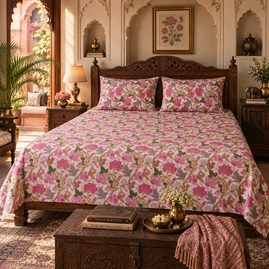 Rosewood Bloom King Size Bedsheet – Pure Cotton with 2 Pillow Covers