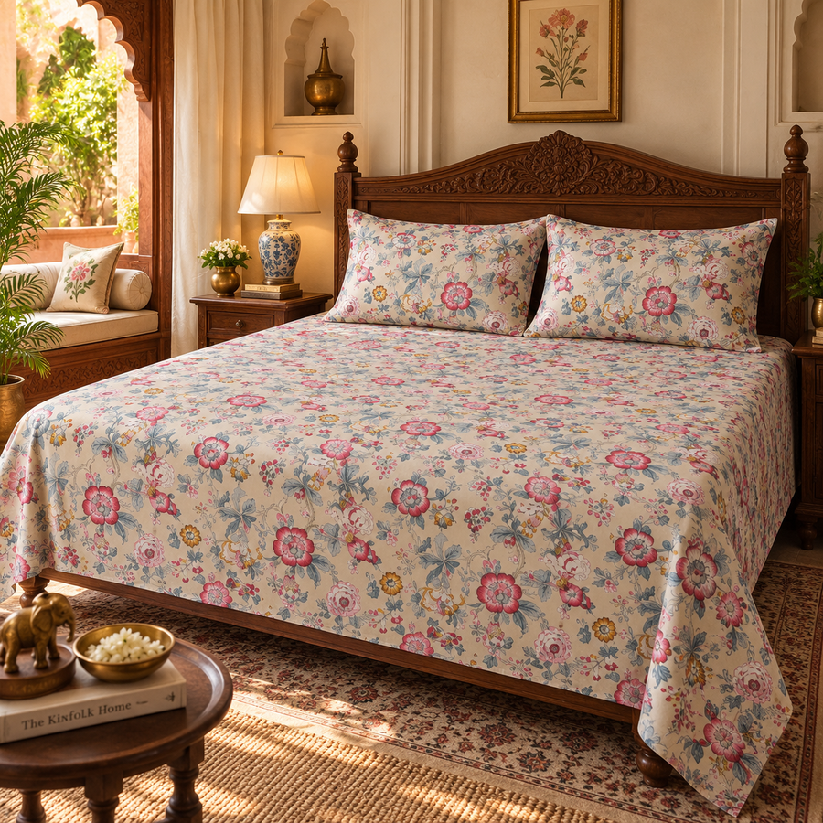 Meadow Bloom King Size Bedsheet – Pure Cotton with 2 Pillow Covers