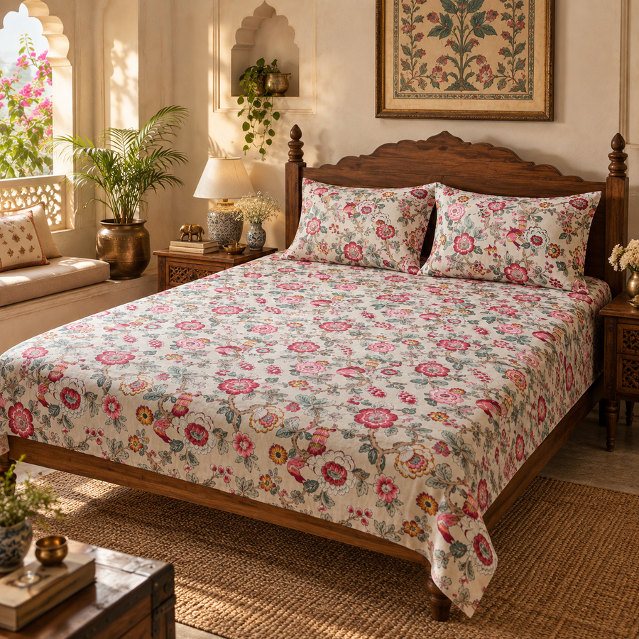Meadow Bloom King Size Bedsheet | Pure Cotton Floral Bedsheet with 2 Pillow Covers