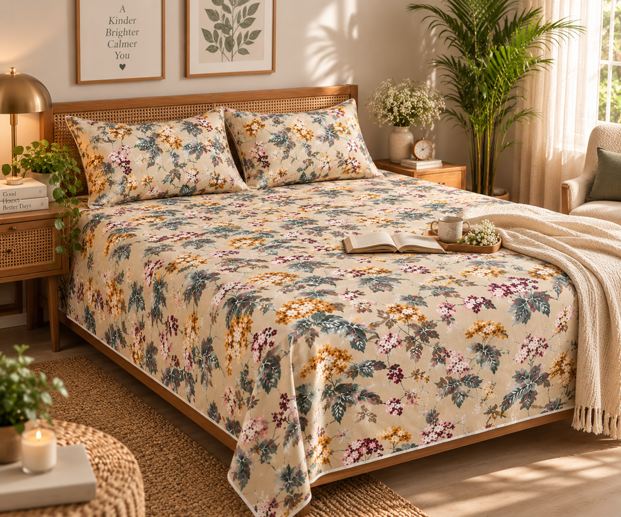 Heritage Bloom King Size Bedsheet – Pure Cotton with 2 Pillow Covers