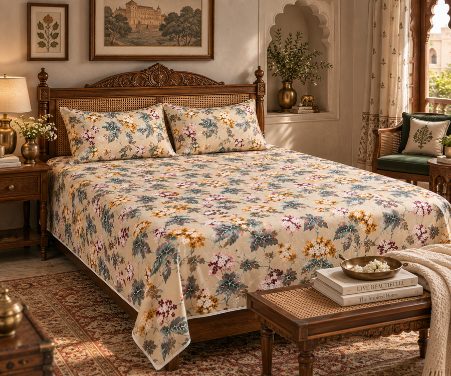 Heritage Bloom King Size Bedsheet – Pure Cotton with 2 Pillow Covers
