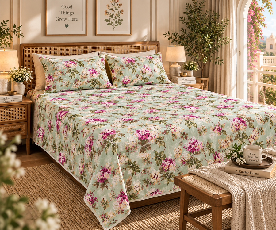 Meadow Grace King Size Bedsheet – Pure Cotton with 2 Pillow Covers