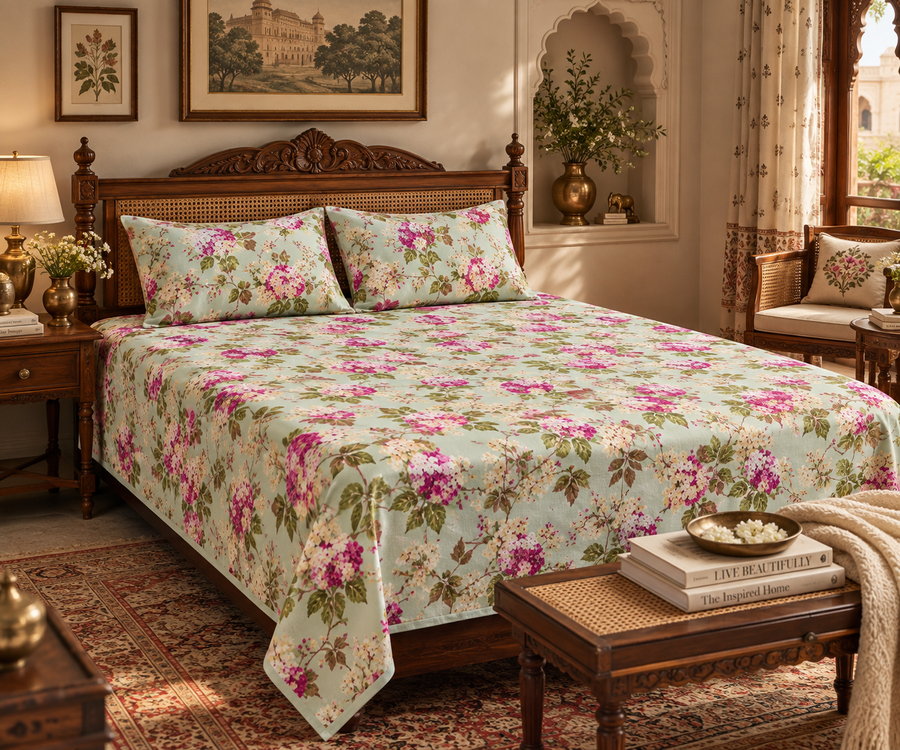 Meadow Grace King Size Bedsheet – Pure Cotton with 2 Pillow Covers