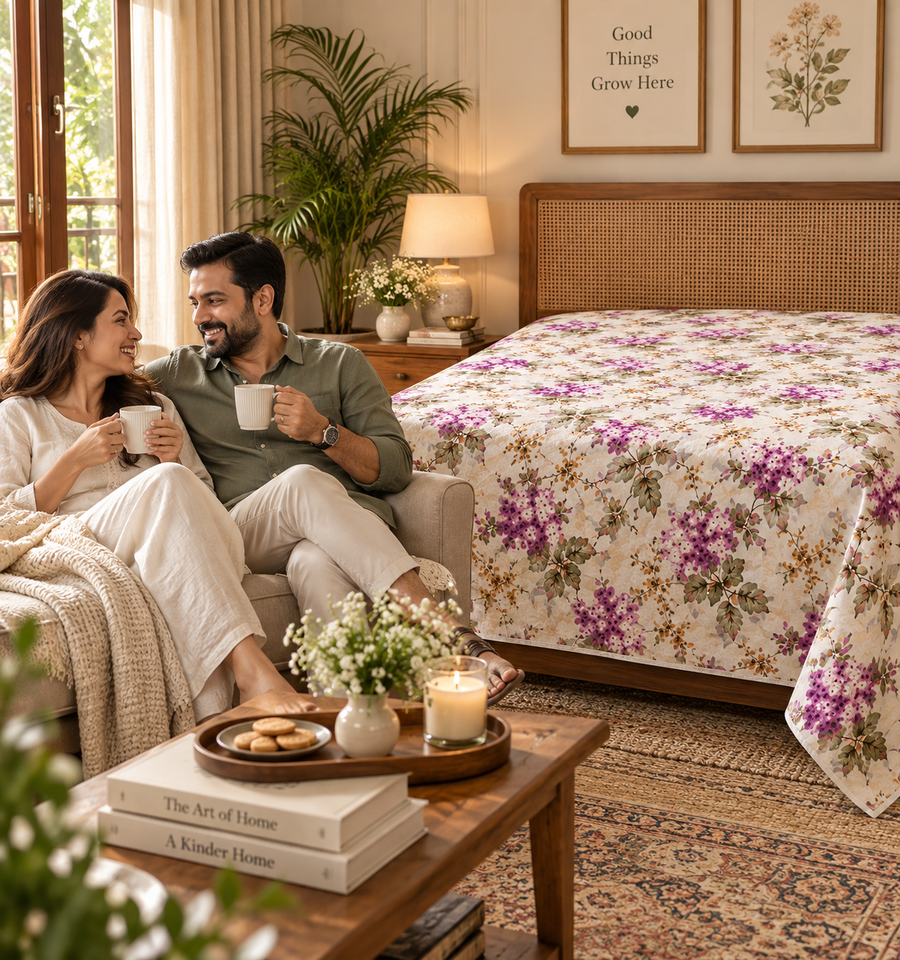 Garden Reverie King Size Bedsheet – Pure Cotton with 2 Pillow Covers