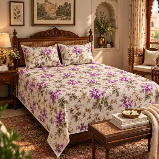 Garden Reverie King Size Bedsheet – Pure Cotton with 2 Pillow Covers