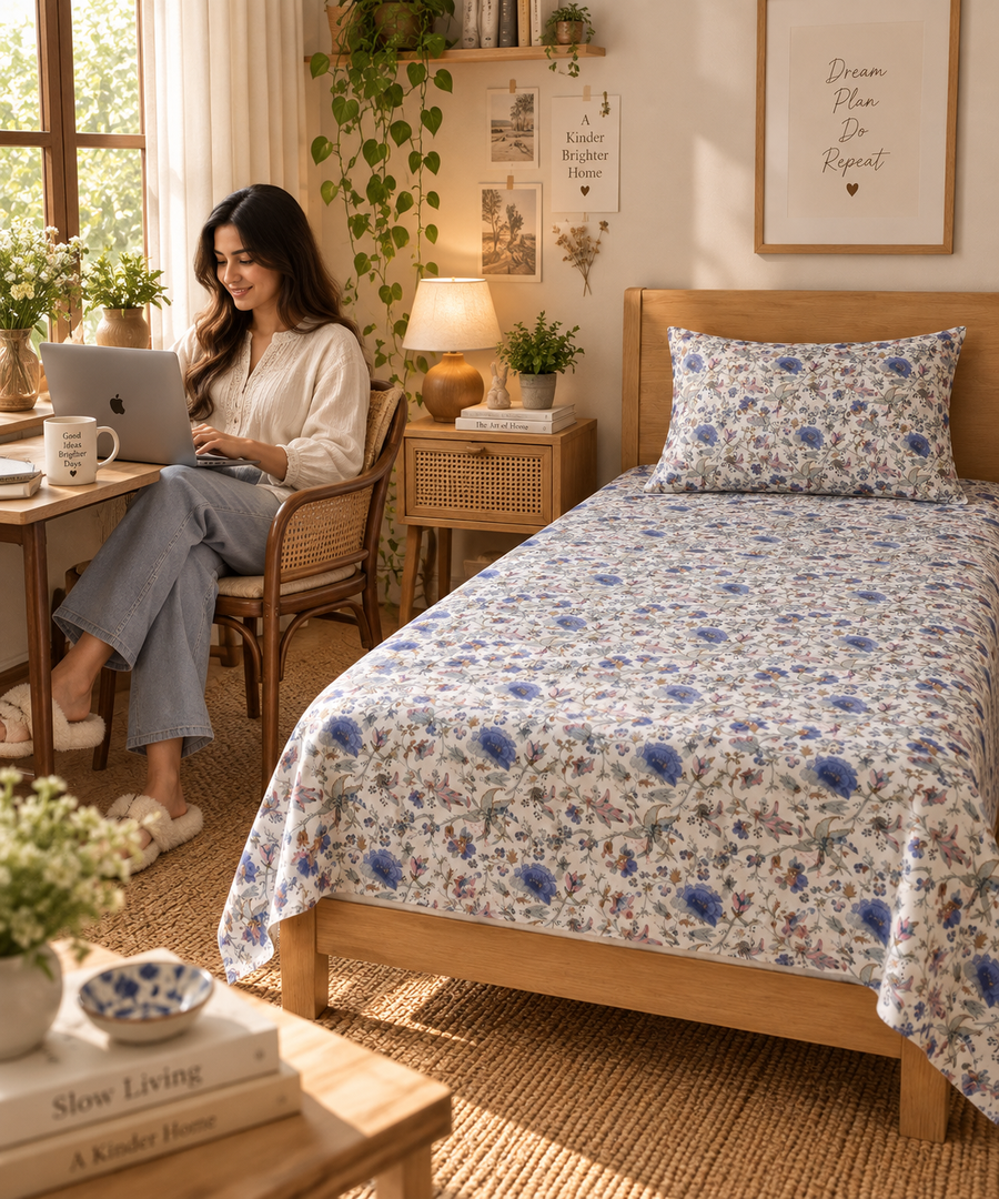 Bluebell Meadow King Size Bedsheet – Pure Cotton with 2 Pillow Covers