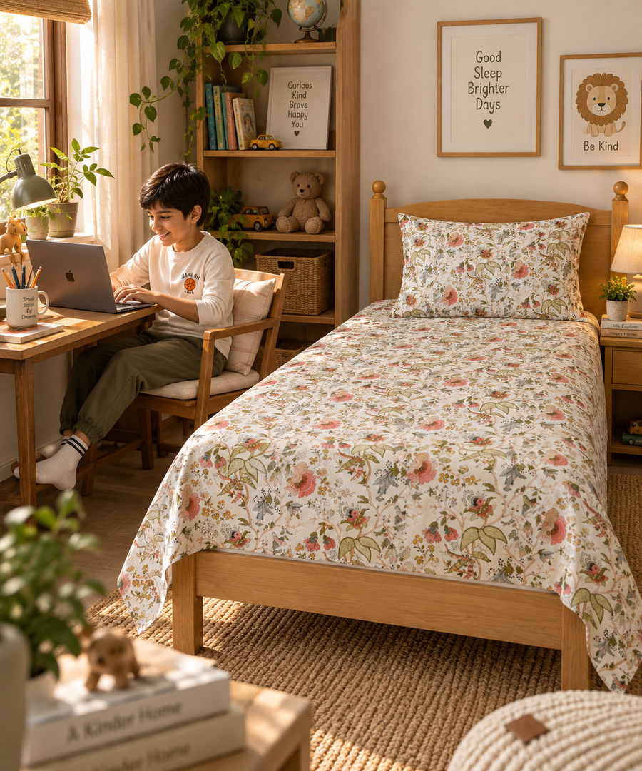 Heritage Petals – Pure Cotton Single Bed Bedsheet with 1 Pillow Cover