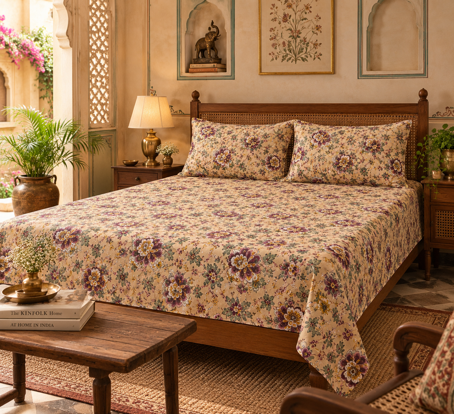 Meadow Garden King Size Bedsheet | Pure Cotton Floral Bedsheet with 2 Pillow Covers