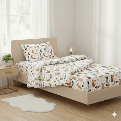 Haboo | Playful Multi-Color Puppy Dog Character Print Cotton 3 Pcs Single Bed Set - 60*90 Comforter, Flat Bedsheet & 1 Pillow Cover