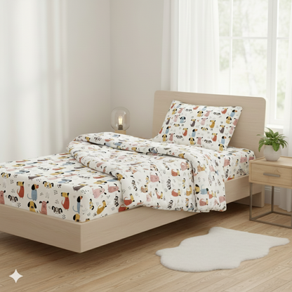 Haboo | Playful Multi-Color Puppy Dog Character Print Cotton 3 Pcs Single Bed Set - 60*90 Comforter, Flat Bedsheet & 1 Pillow Cover