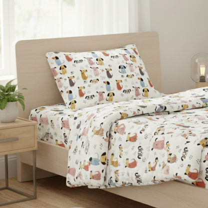 Haboo | Playful Multi-Color Puppy Dog Character Print Cotton 3 Pcs Single Bed Set - 60*90 Comforter, Flat Bedsheet & 1 Pillow Cover