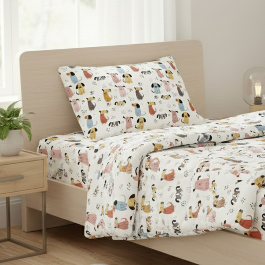 Haboo | Playful Multi-Color Puppy Dog Character Print Cotton 3 Pcs Single Bed Set - 60*90 Comforter, Flat Bedsheet & 1 Pillow Cover