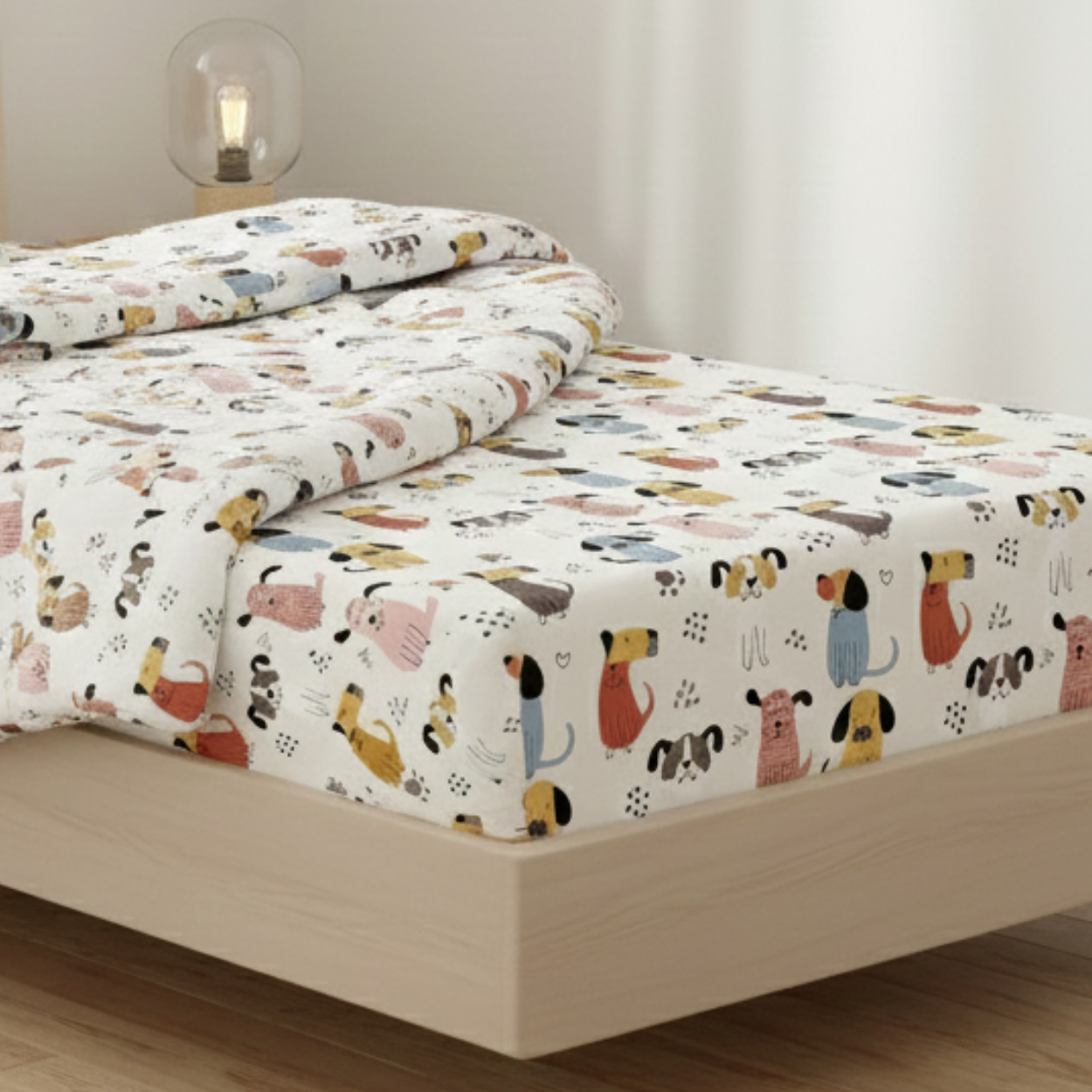 Haboo | Playful Multi-Color Puppy Dog Character Print Cotton 3 Pcs Single Bed Set - 60*90 Comforter, Flat Bedsheet & 1 Pillow Cover