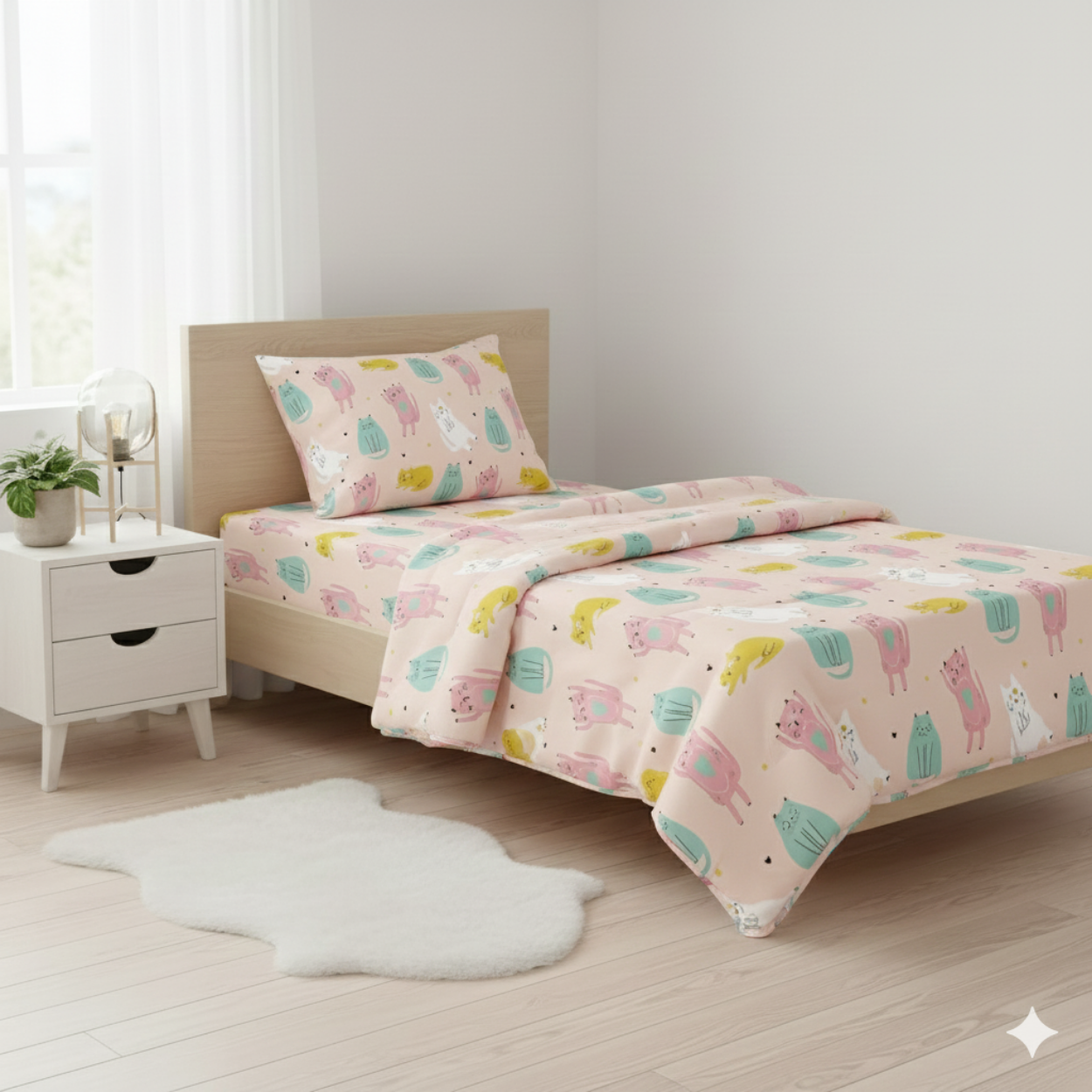 Haboo | Cute Pastel Cat & Heart Print Kids Cotton 3 Pcs Single Bed Set - 60*90 Comforter, Matching Bedsheet & 1 Pillow Cover