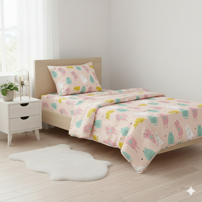 Haboo | Cute Pastel Cat & Heart Print Kids Cotton 3 Pcs Single Bed Set - 60*90 Comforter, Matching Bedsheet & 1 Pillow Cover