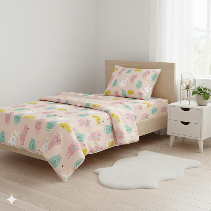 Haboo | Cute Pastel Cat & Heart Print Kids Cotton 3 Pcs Single Bed Set - 60*90 Comforter, Matching Bedsheet & 1 Pillow Cover