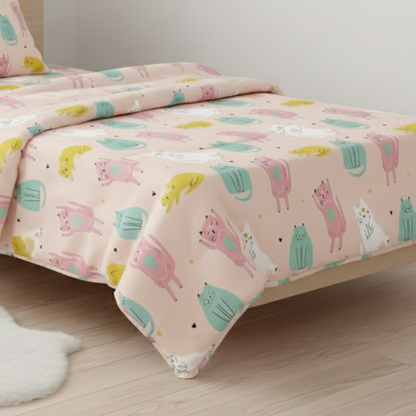 Haboo | Cute Pastel Cat & Heart Print Kids Cotton 3 Pcs Single Bed Set - 60*90 Comforter, Matching Bedsheet & 1 Pillow Cover