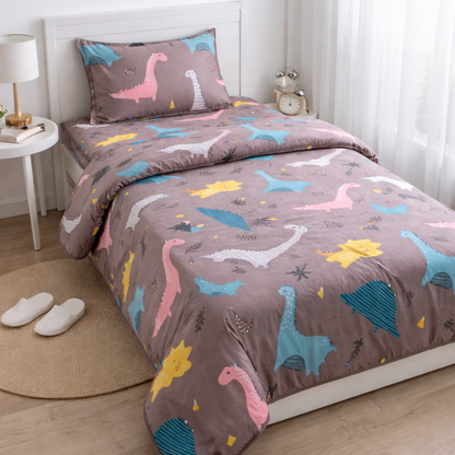 Haboo | Brown Safari Dinosaur & Volcano Cartoon Print Cotton 3 pcs Single Bed Set - 60*90 All-Season Comforter with Bedsheet & 1 Pillow Cover